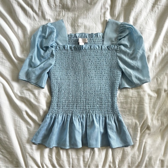 NWOT Rachel Parcell Puff Sleeve Smocked Peplum Light Blue Top Women’s XS - Picture 2 of 5